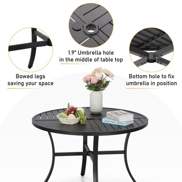 5Piece Patio Dining Set of 4 Padded Rattan Chairs and 1 Chic Metal Round Table