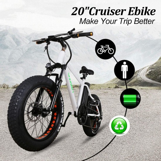 20″ 300W Fat Tire Electric Bicycles Snow Beach Mountain Bike 6 Speed Gear E-Bike with Removable Waterproof Large Capacity 36V10A Lithium Battery and Battery Charger Electric Bike