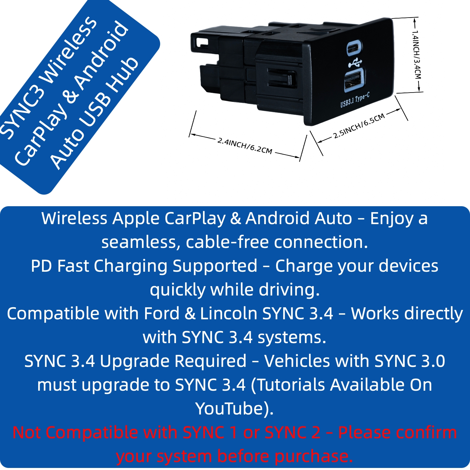 OEM Ford & Lincoln USB-C Hub Upgrade | LED Backlit Media Module | Supports Wireless CarPlay & Android Auto for Sync 3 & Sync 4 | Plug & Play