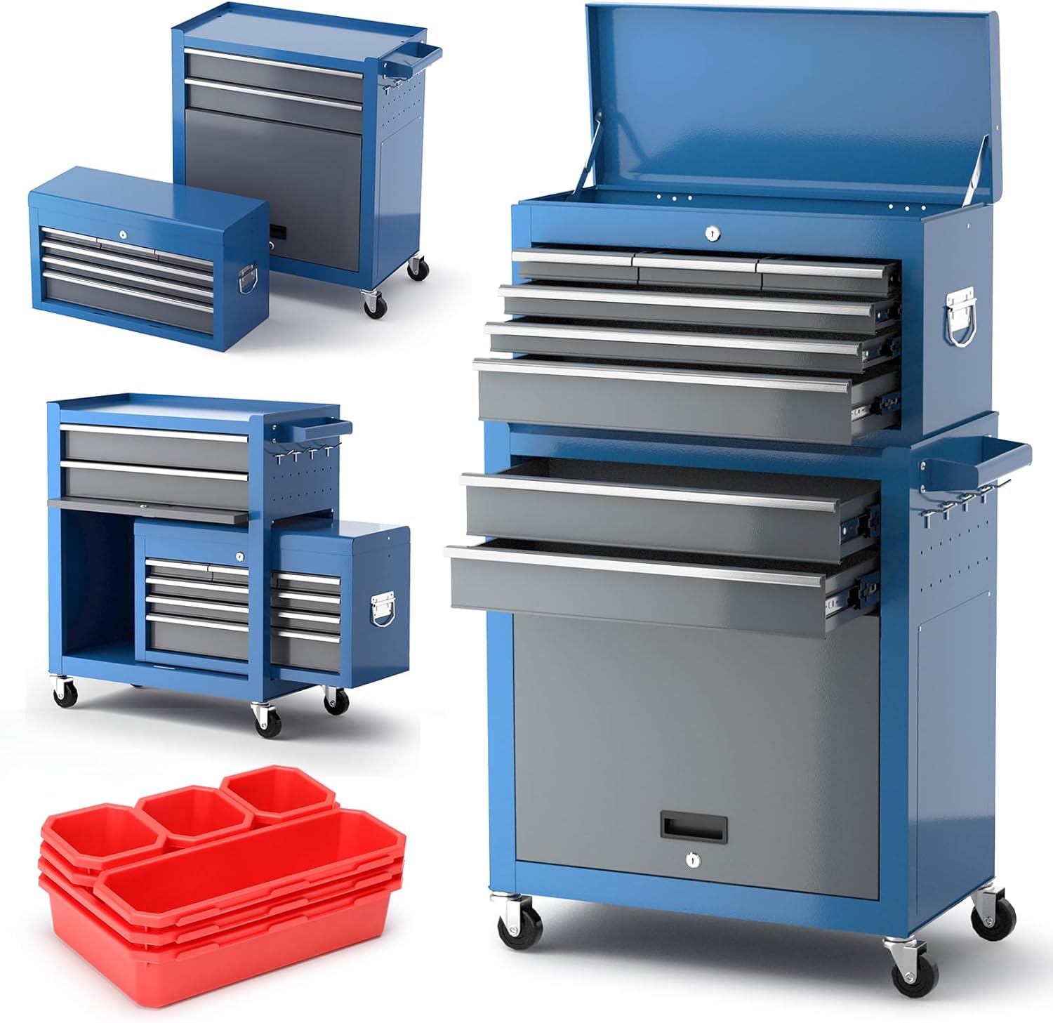 2026 Tool Chest 8-Drawer | 42'' Large Rolling Tool Chest with Wheels | Detachable Top Metal Tool Box | Garage Storage Cabinet for Repair Room,Warehouse | Rolling Tool Box with Hooks,Liners,Tray Divider