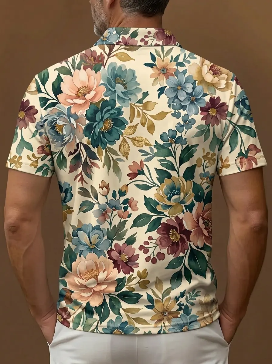 Cream Base Vintage Floral Peony Print Short Sleeve Golf Polo Shirt