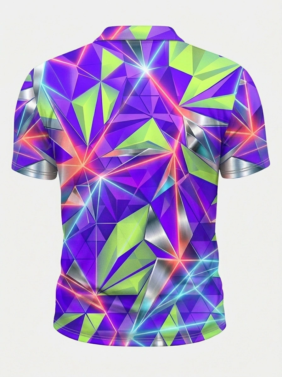 Moisture Wicking Golf Polo 3D Purple Green Geometric Neon Button Short Sleeve Golf Polo Shirt