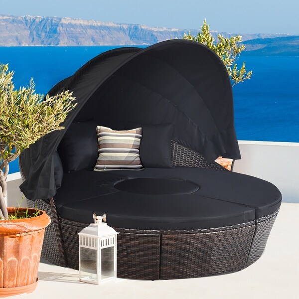 Costway Patio Rattan Daybed Cushioned Sofa Adjustable Table Top Canopy