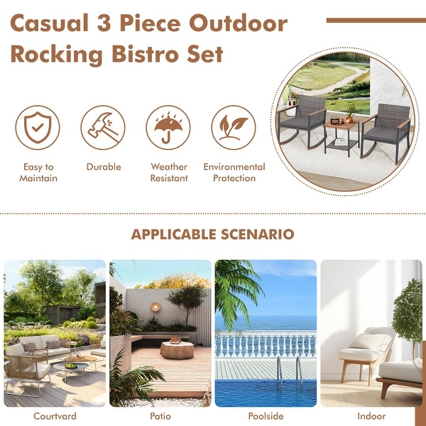 3 Piece Rocking Chair Patio Bistro Set Balcony Chairs Conversation Sets With Coffee Table and Cushions