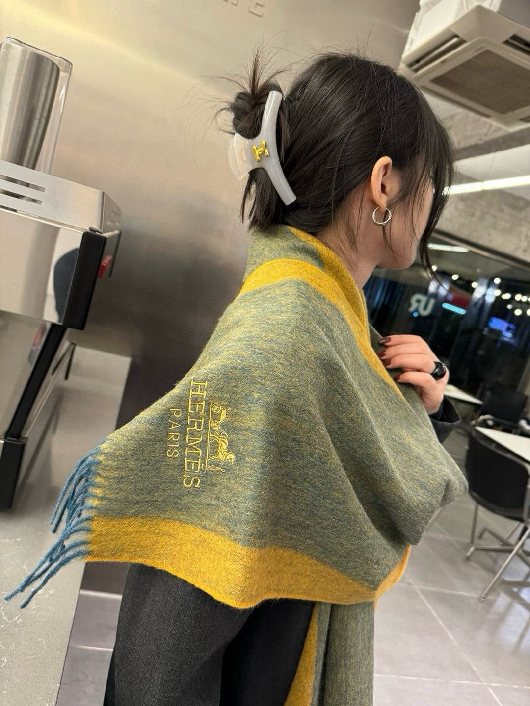 Hermes Cashmere Scarf Colorblock Yellow Green For Women 180cm
