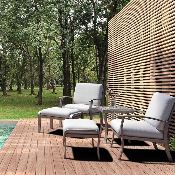 5Piece Aluminum Patio Conversation Set with End Table,Ottoman and Light Gray Cushions