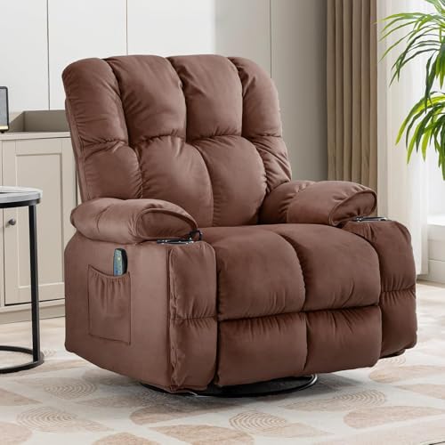 COMHOMA Recliner Chair, Swivel Rocker Recliner with Cup Holders, Heat and Massage, Fabric Recliners Sofa for Living Room (Brown)