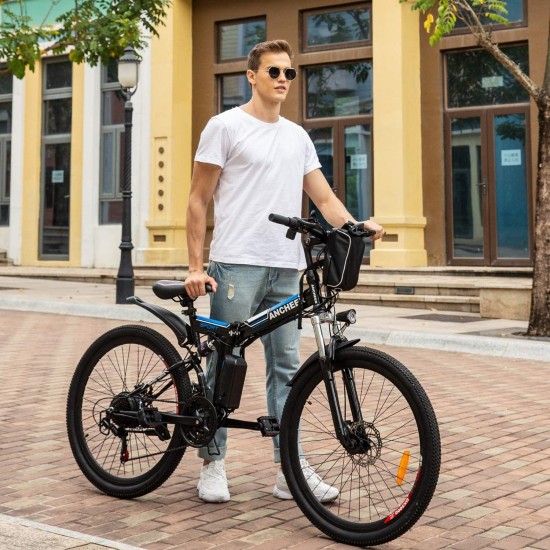 26” Folding Electric Bike, Commuting Ebike Electric Mountain Bike with 36V 8Ah Lithium-Ion Battery, Premium Full Suspension and 21 Speed Gears