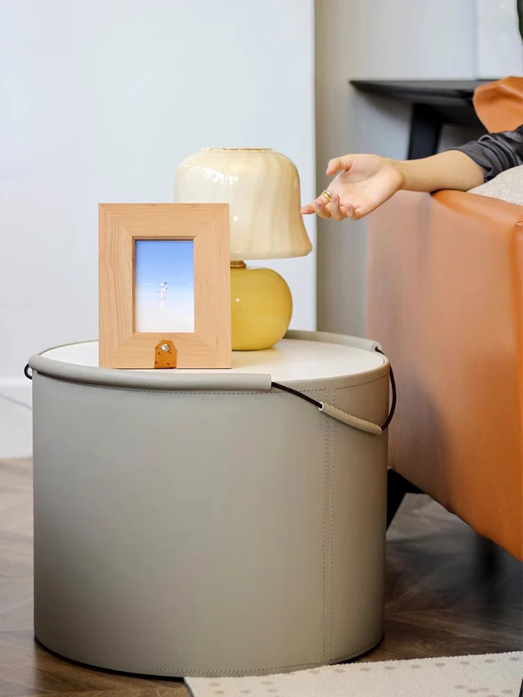 YA010 (Set) - Handmade Italian Minimalist Saddle Leather Side Table: Natural Stone, Set of Two