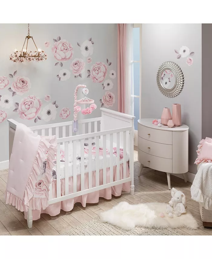 Lambs and Ivy Floral Garden Pink Linen Shirred Crib Skirt Dust Ruffle