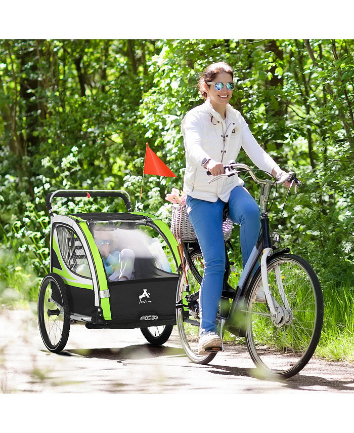 Aosom 3-in-1 Walk Jog Ride Child Baby Bike Trailer for Kids 2 Seater, High-Visibility Bike Stroller for Toddler Wagon, Weather-Strong Double Bicycle Trailer Accessory for Kids, Green