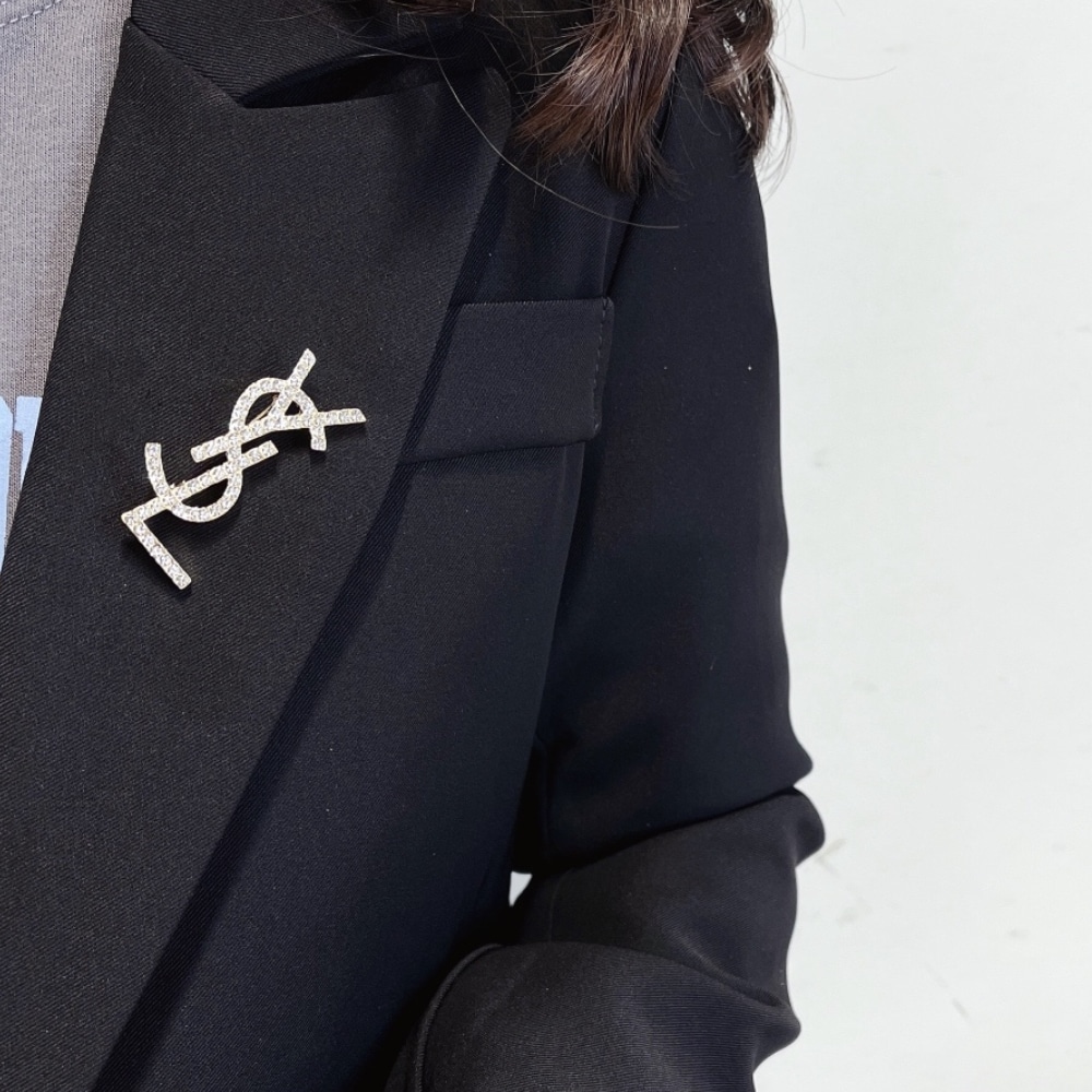 Saint Laurent Ysl Brooch Silver With Stones Attached