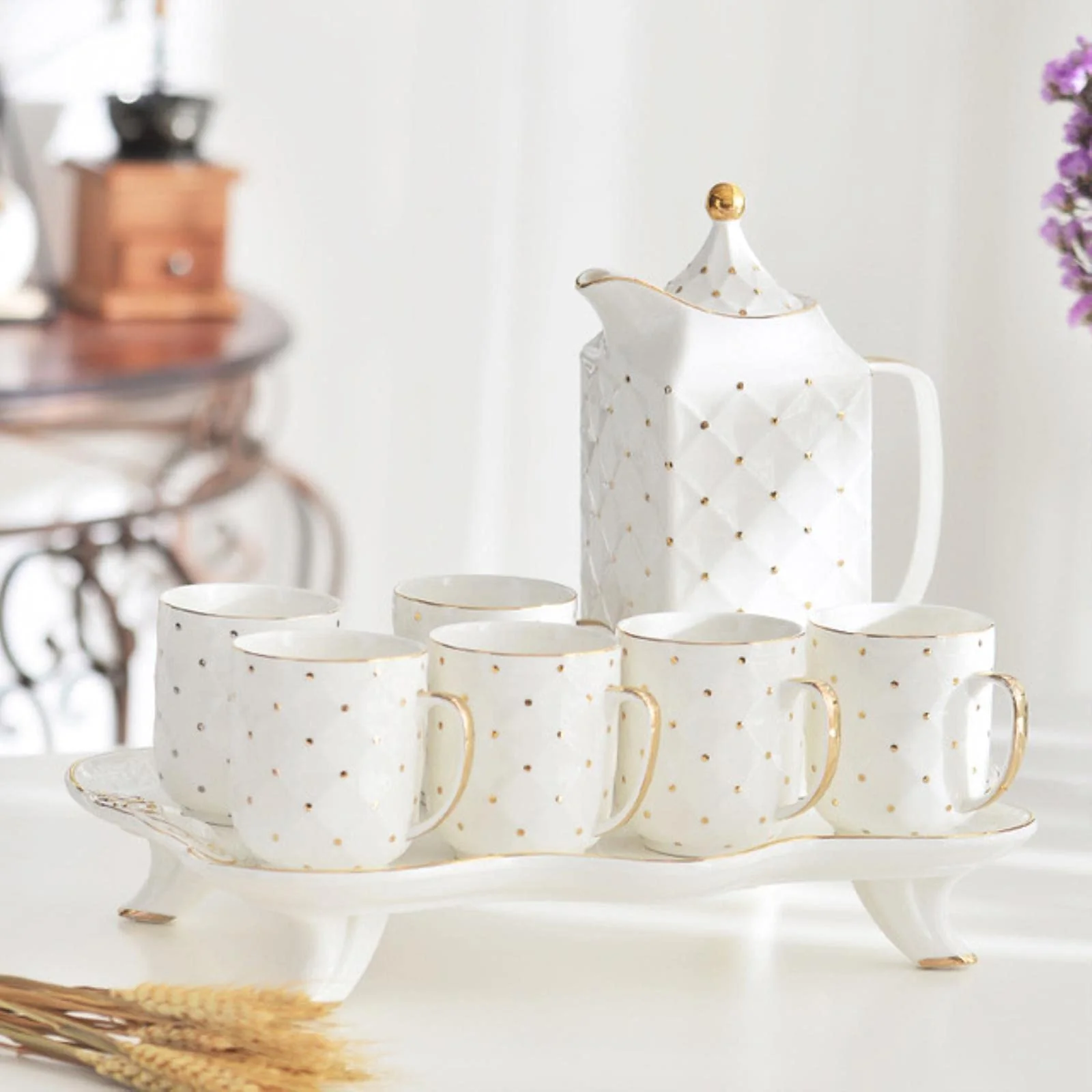 Mug Coffee Cup 8Pcs Luxury White Porcelain Coffee Or Tea Set With Gold Dots Ceramic Teapot