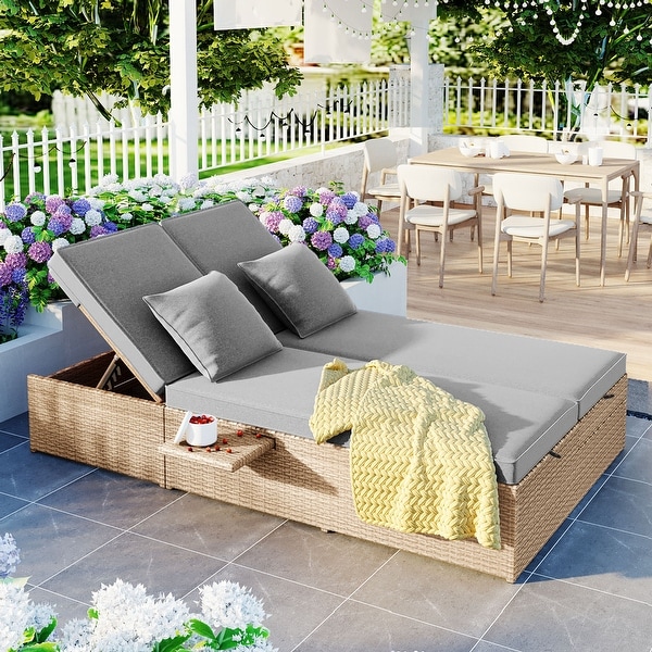 Outdoor Double Sunbed Patio Reclining Chairs with Adjustable Backrest and Seat,Conversational Set for 2 Person