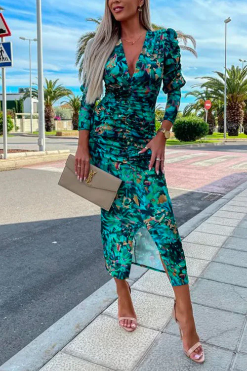 Ruched V-Neck Bodycon Print Dress with SlitClistos