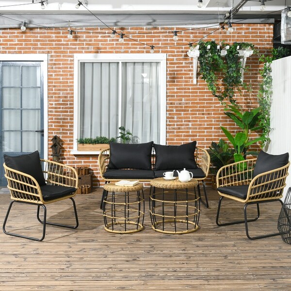 Outsunny 5 Piece PE Rattan Outdoor Furniture Set with Cushioned Chairs and Loveseat Sofa,Patio Sectional Furniture Set