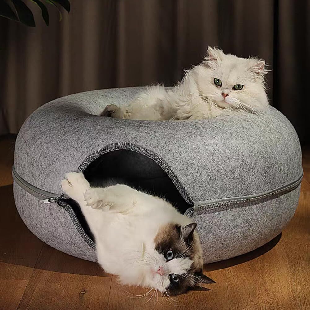 Extra Large Cat Cave Tunnel Bed for Indoor Cats Cat Donut 24x24x11'' with 3 Toys