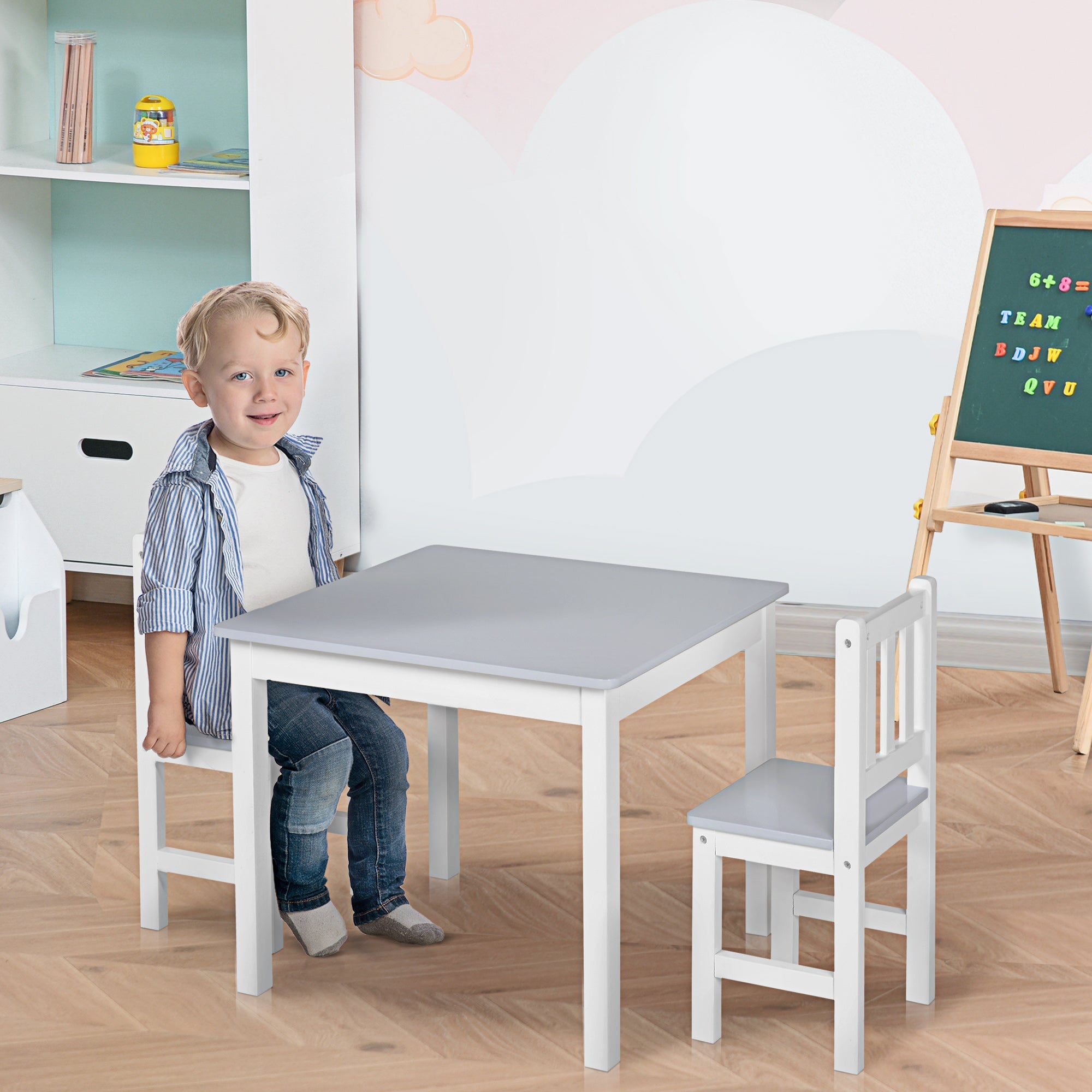 Qaba Kids Table and 2 Chairs Set 3 Pieces Toddler Multi-Usage Desk Indoor Arts & Cra’s Study Rest Snack Time, Easy Assembly, Grey