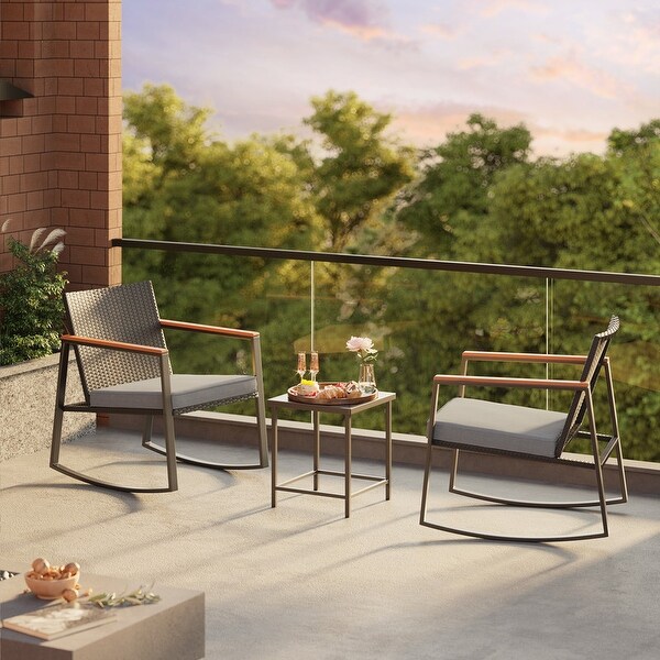 3 Piece Rocking Patio Bistro Set Wicker,Rocking Chair Pub Set with Glass Table