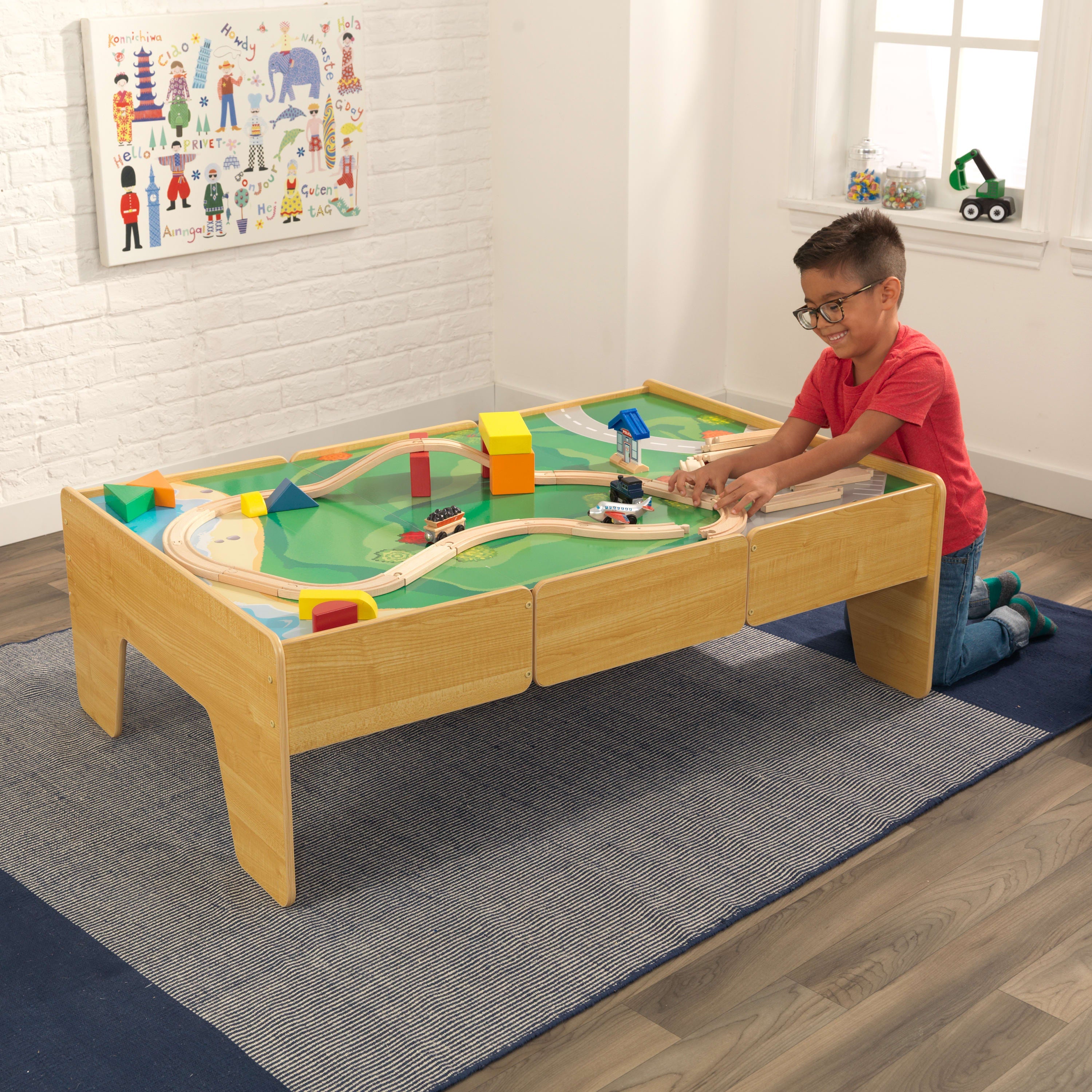 KidKraft Double-Sided Wood Train and Activity Table with Built-In Storage Drawer, Natural