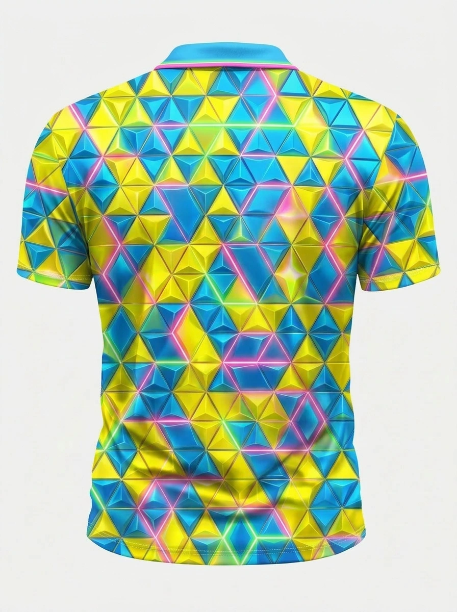 Moisture Wicking Golf Polo 3D Yellow Blue Geometric Neon Button Short Sleeve Golf Polo Shirt