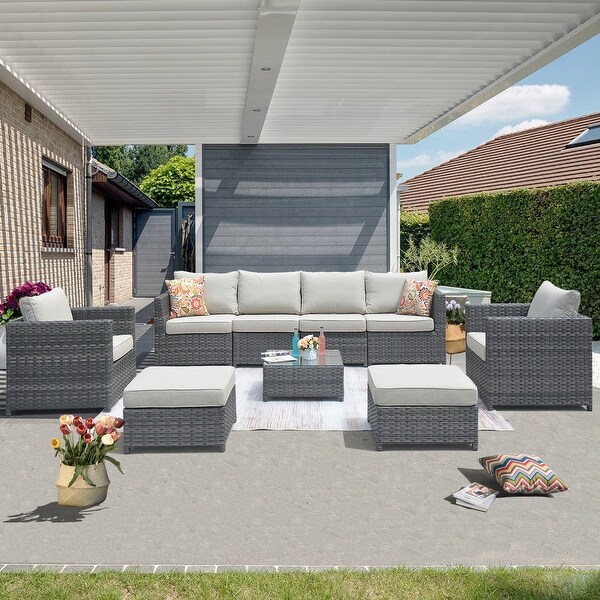 OVIOS Patio Furniture Deep Seat Wicker 9piece Set