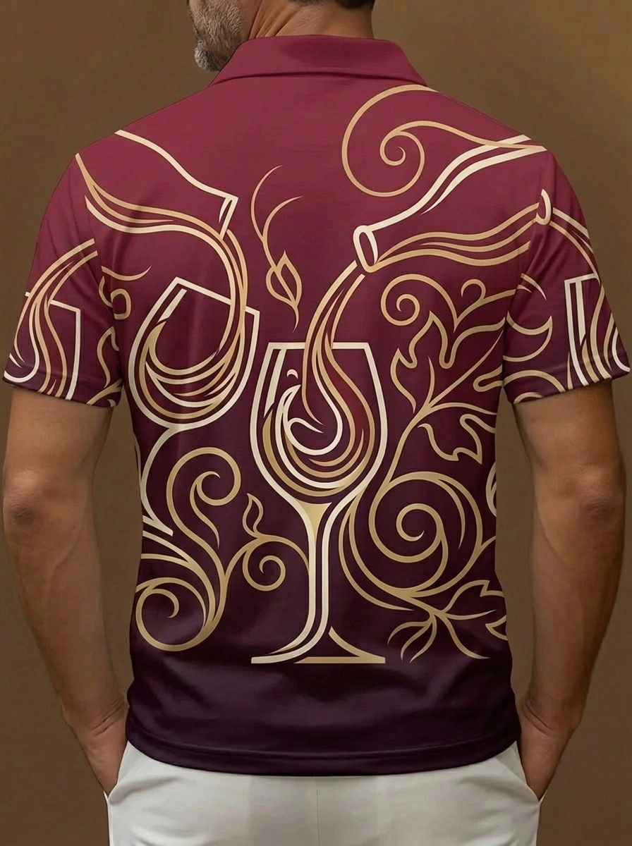 Maroon Gold Wine Glass Pattern Short Sleeve Golf Polo Shirt