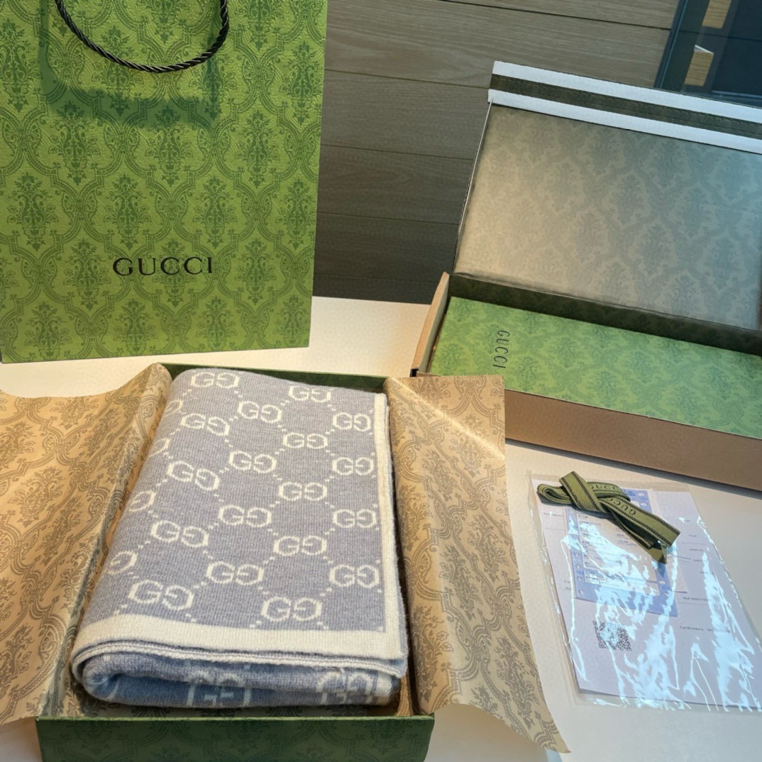 Gucci Cashmere Scarf Pattern Beige Light Blue For Women 180cm