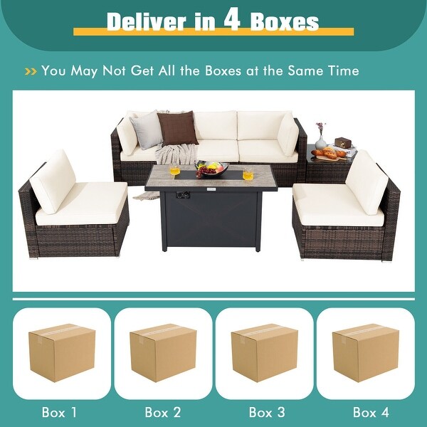 Gymax 7PCS Patio Rattan Furniture Set Fire Pit Table Cover Cushion