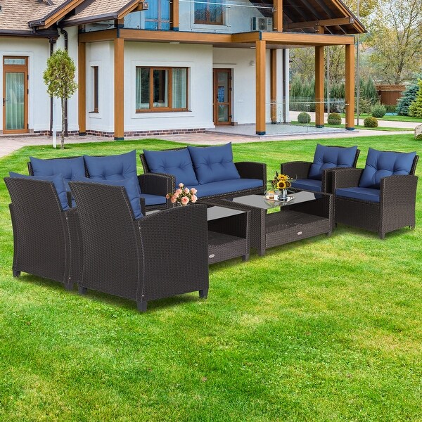 Costway 8 PCS Patio Rattan Furniture Set Glass Table Shelf Sofa