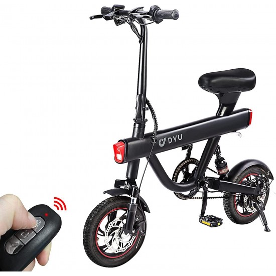 Folding Electric Bike,DYU 12″ Electric Bicycle with Remote Start/Lock Electric Bikes for Adults Teens E Bike with Pedals,Waterproof Mini eBike with Front Rear Light,Dual Disc Brakes,250W 36V 10Ah