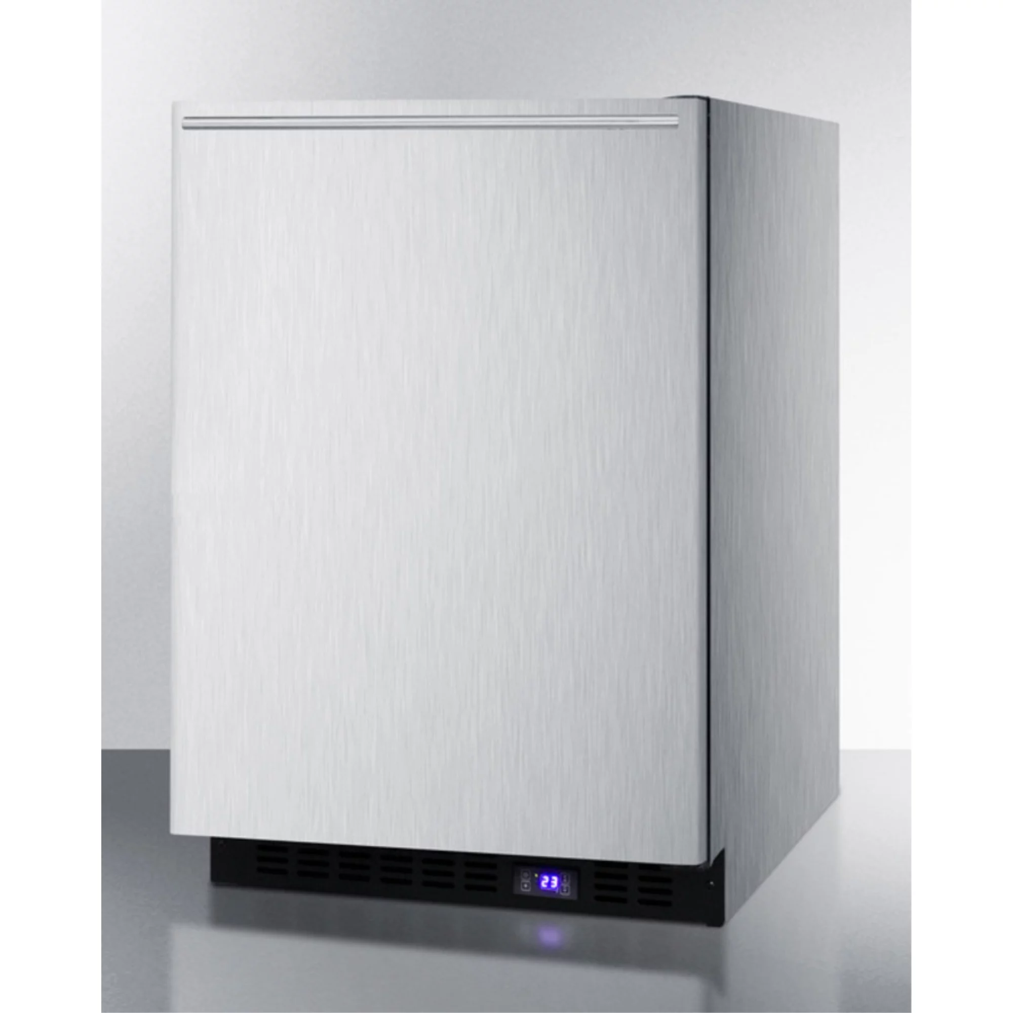 Frost-free built-in undercounter all-freezer for residential or commercial use, with stainless steel wrapped exterior and horizontal handle