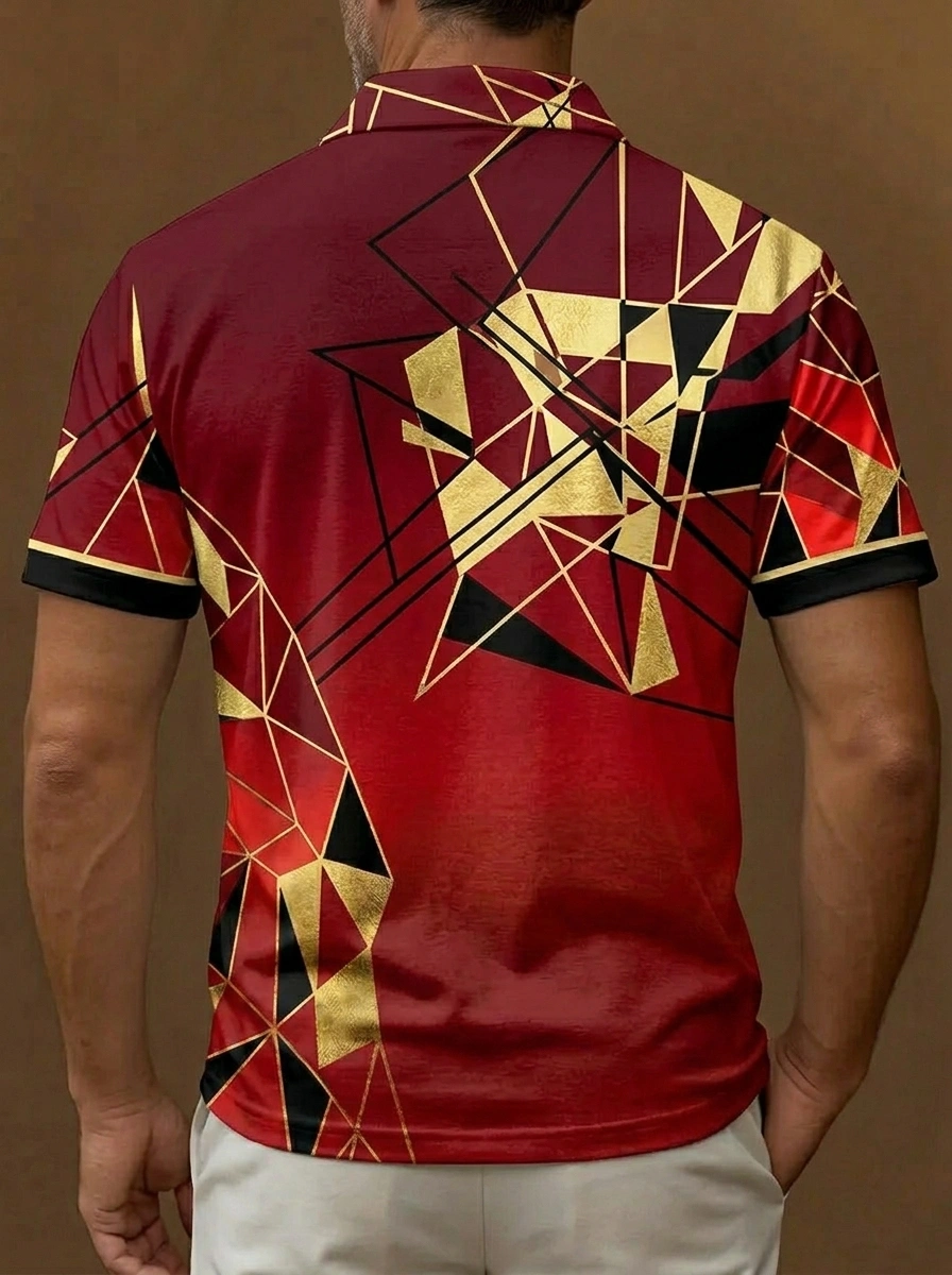 Red Black Gold Geometric Pattern Short Sleeve Golf Polo Shirt