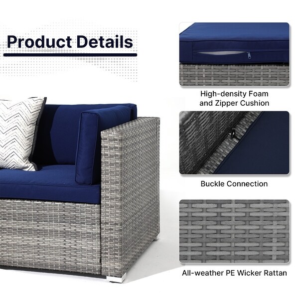 Grey 8Piece Wicker Patio Furniture Set Navy Blue Cushions with Black 45�� 50000 BTU Propane Fire Pit Table