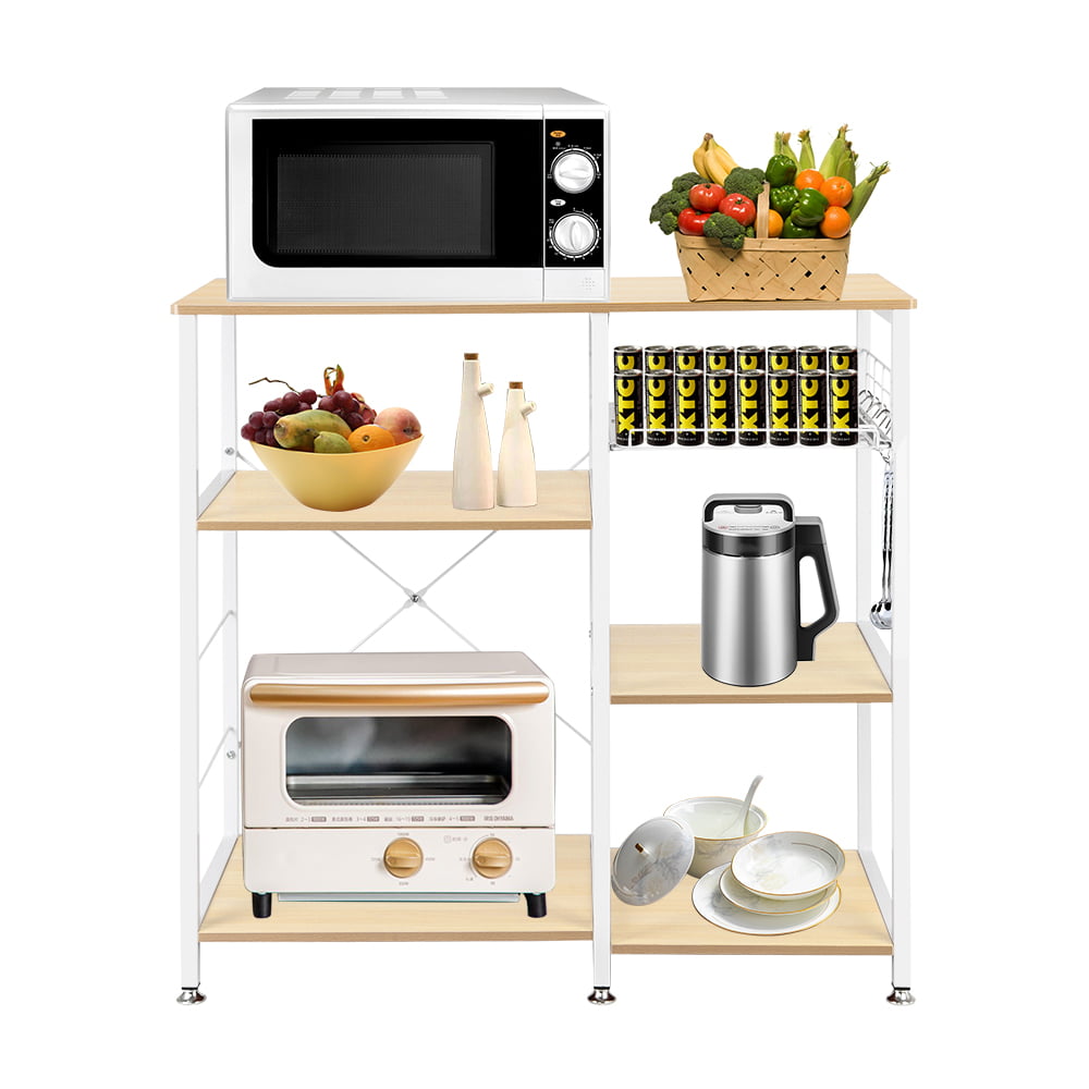 Metal Storage Shelves, Microwave Oven Stand Storage Cart Storage Shelf, X-shaped Metal Shelving with 5 Hanging Hook, Round Corner, Adjustable Feet, Pull-out Basket, 3-Tier Shelves, Natural, Q4502