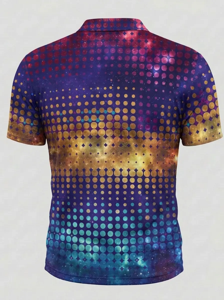 Moisture Wicking Golf Polo 3D Galaxy Gradient Dot Pattern Button Short Sleeve Golf Polo Shirt