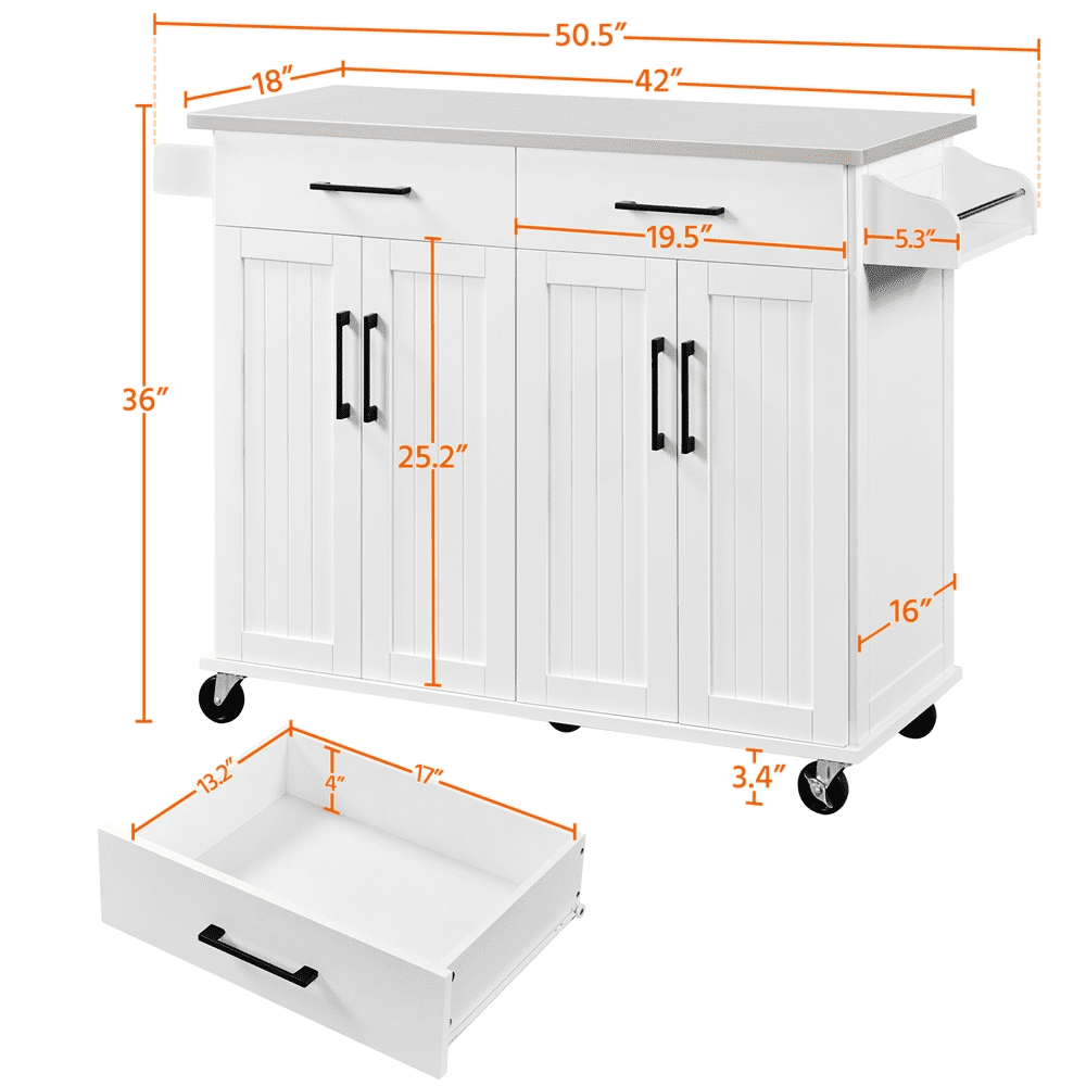 SMILE MART Large Kitchen Island on Wheels with Storage Drawers and Cabinets, White