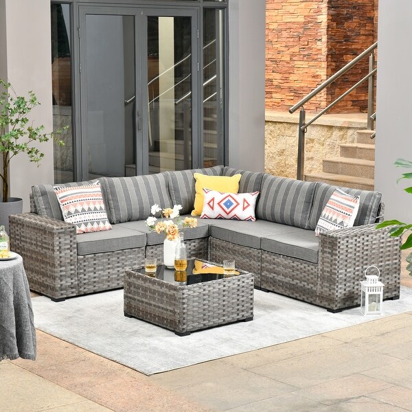 OVIOS Patio Wicker Furniture Wide Arm 6piece Set with Table