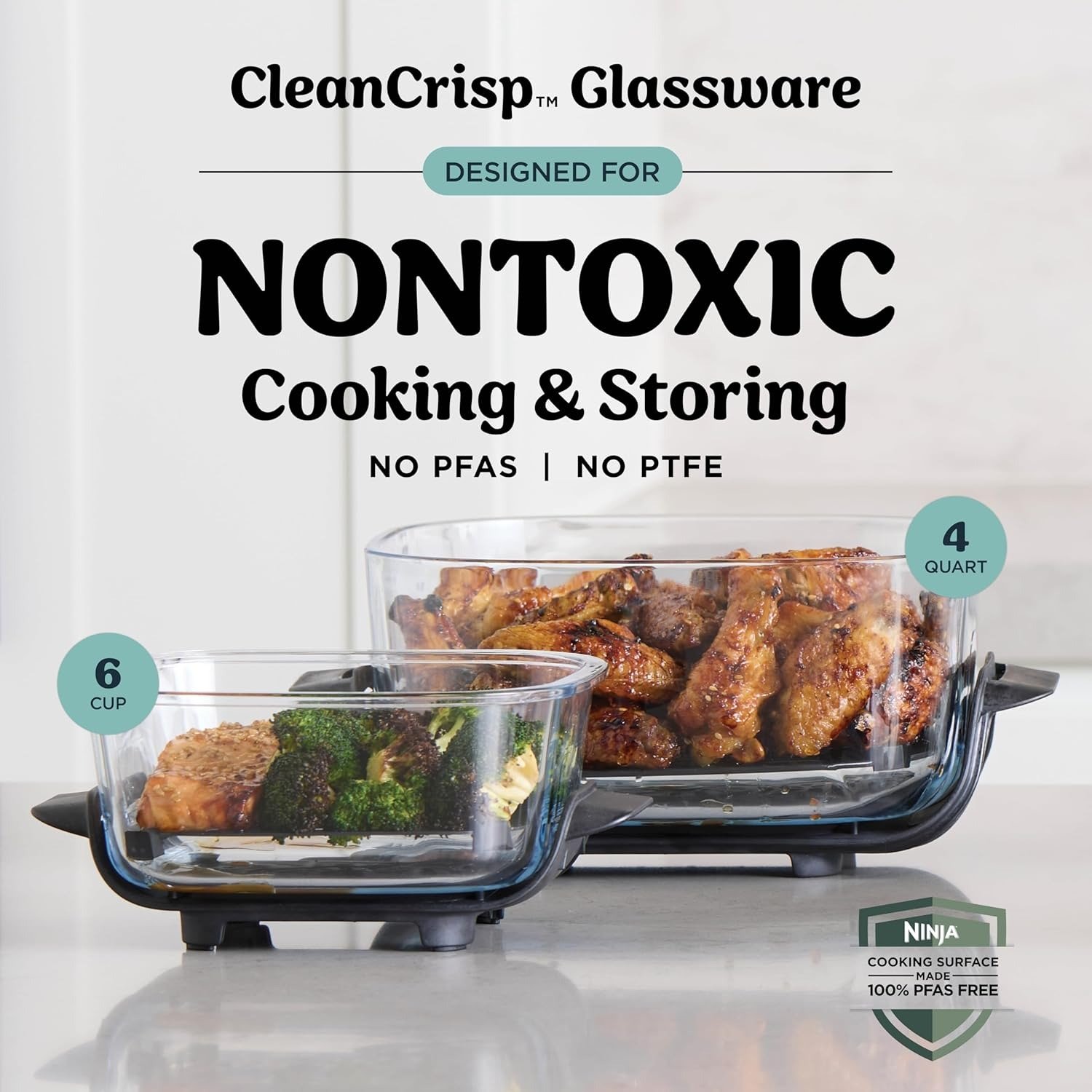 4-in-1 Glass Air Fryer | 450°F | Non-Toxic | 4QT & 6-Cup Glass Containers w/Lids | Microwave, Freezer, Dishwasher Safe | Max Crisp, Air Fry, Bake, Recrisp | Cyberspace Gray