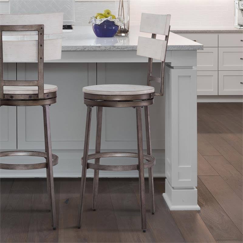 American Woodcrafters Colson Distressed White Metal Swivel Bar Stool