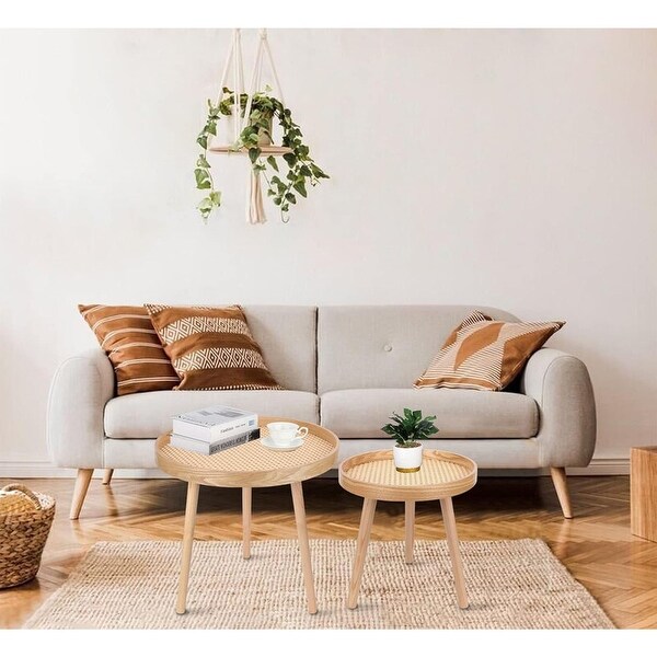Set of 2,Natural Boho Coffee Table,Mid Century Modern Rattan