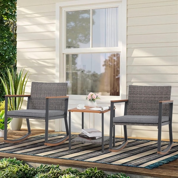 3 Pieces Wicker Rocking Bistro,Weather Rattan Patio Outdoor Furniture Conversation Chair Sets with Coffee Table and Cushions