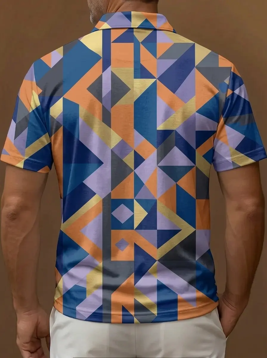 Blue Orange Lavender Geometric Mosaic Print Short Sleeve Golf Polo Shirt