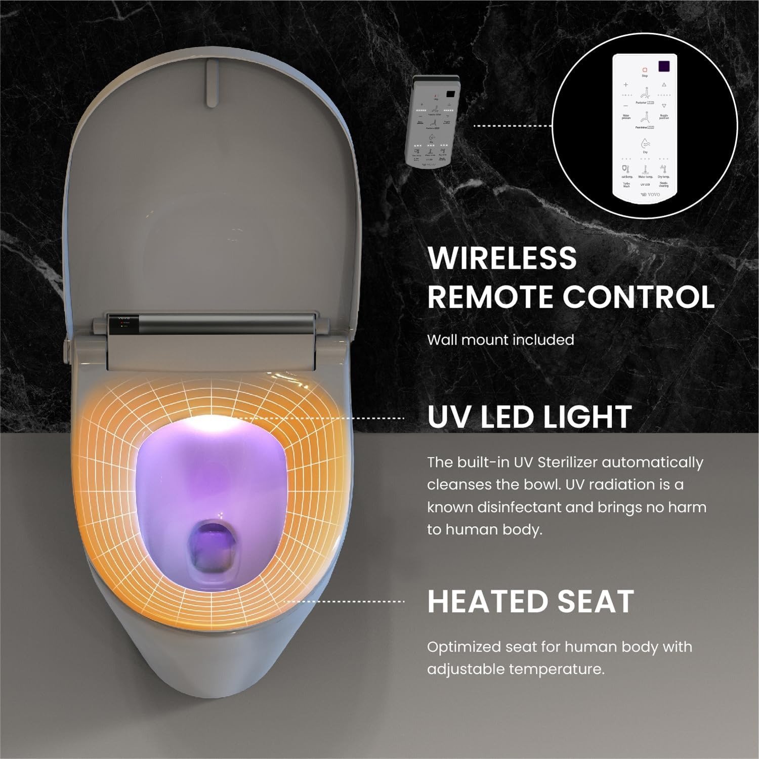 Elongated Electric Bidet Toilet Seat with Warm Water & Dryer, LED Sanitization & Deodorizer
