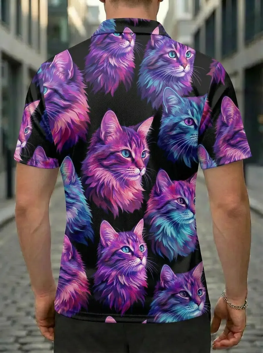 Moisture Wicking Golf Polo 3D Black Purple Pink Cat Head Button Short Sleeve Golf Polo Shirt