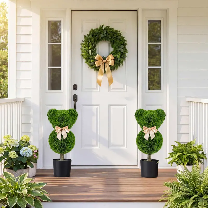 Two-Piece Bear-Shaped Topiary Set with Pots — 24.5-Inch Decorative Faux Shrubs