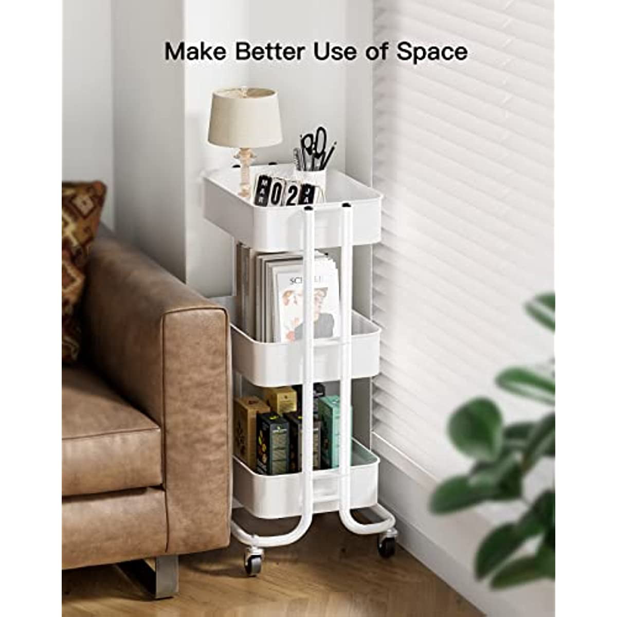 Metal Rolling Utility Cart 3-Tier, Heavy Duty Storage Cart with 2 Lockable Wheels, Multifunctional Mesh Organization Cart for Kitchen Dining Room Living Room (White)