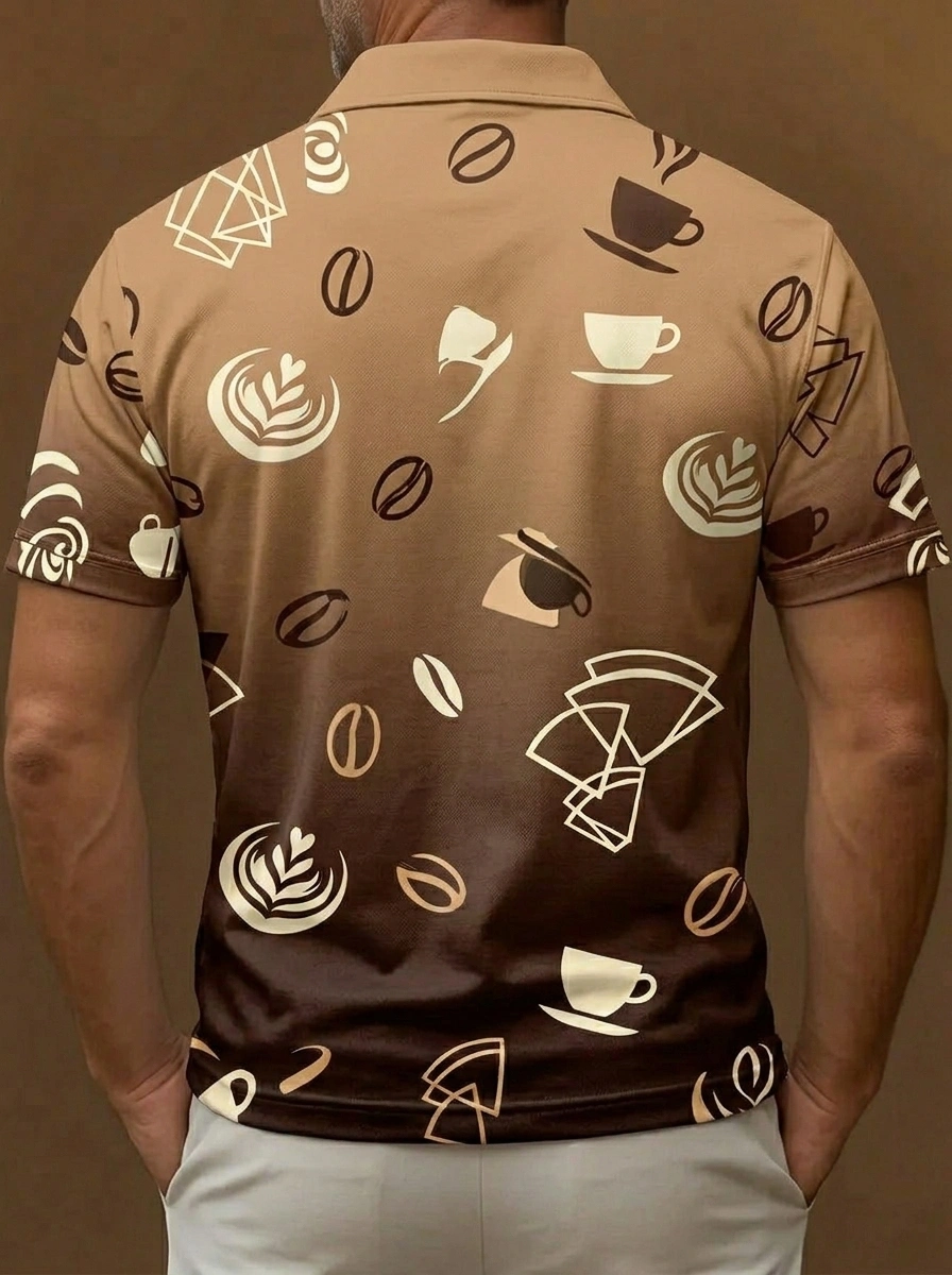 Brown Coffee Cup and Bean Print Short Sleeve Golf Polo Shirt