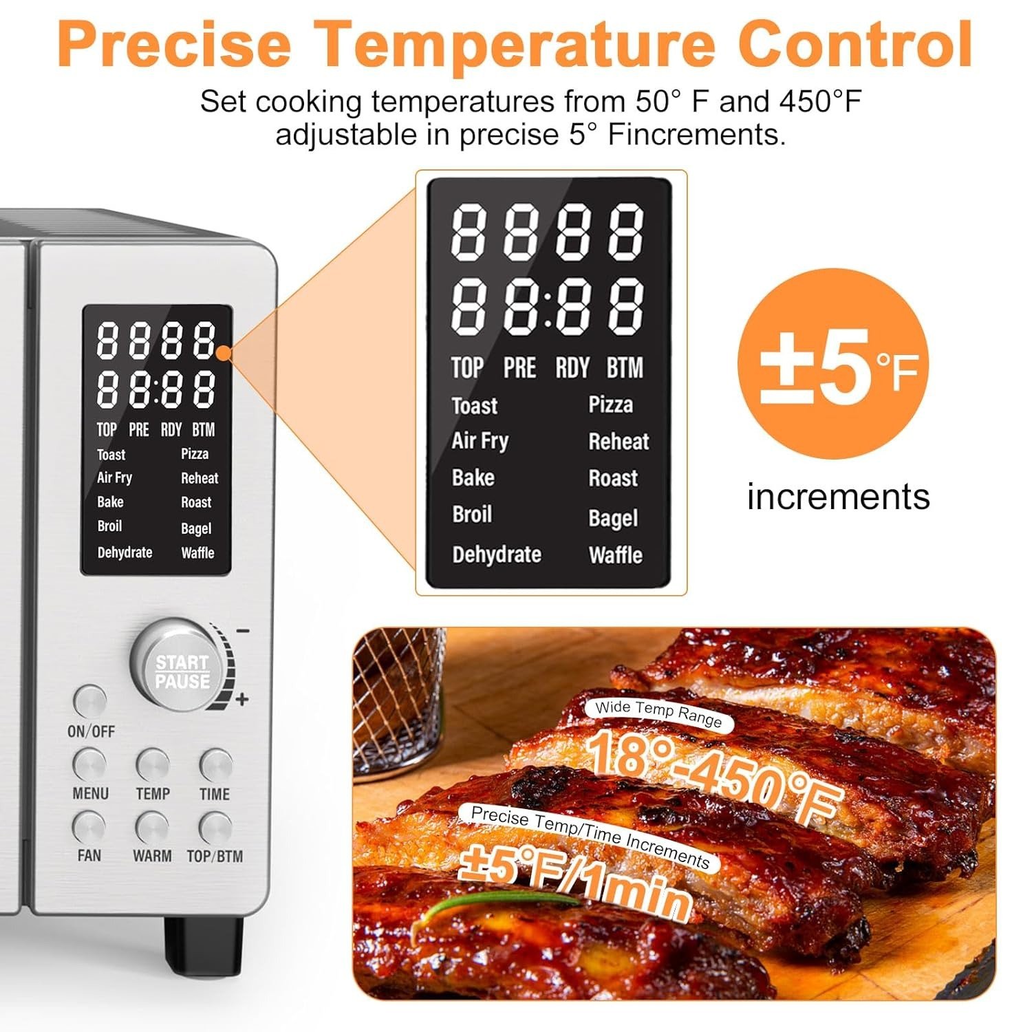 21QT 10-in-1 Air Fryer Toaster Oven, 1800W Convection, 50-450°F, 0-100% Top/Bottom Heat Adjust, PFAS-Free, Brushed Stainless Steel