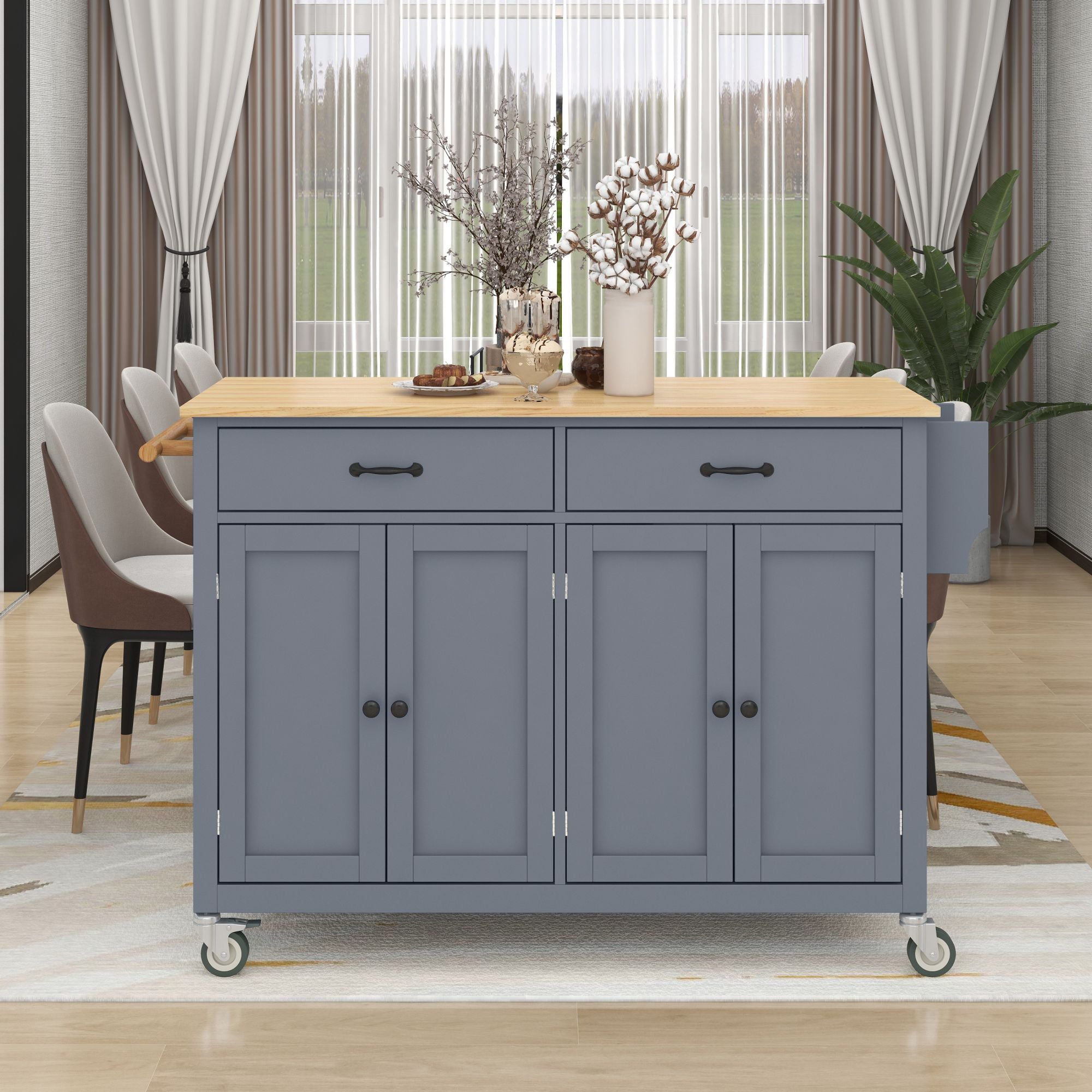 Kitchen Storage Cabinet Rolling Mobile Coffee Cart Station with 4 Door Cabinet and 2 Drawers, 54.3